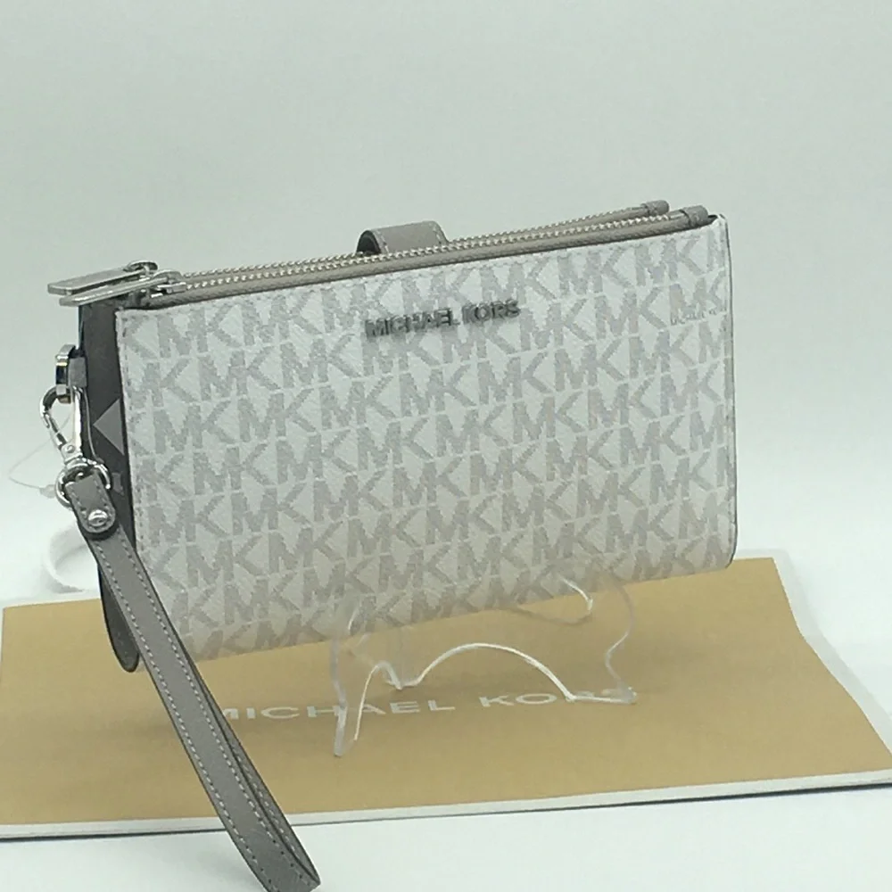 MICHAEL KORS LG DOUBLE ZIP wristlet BRT WHITE